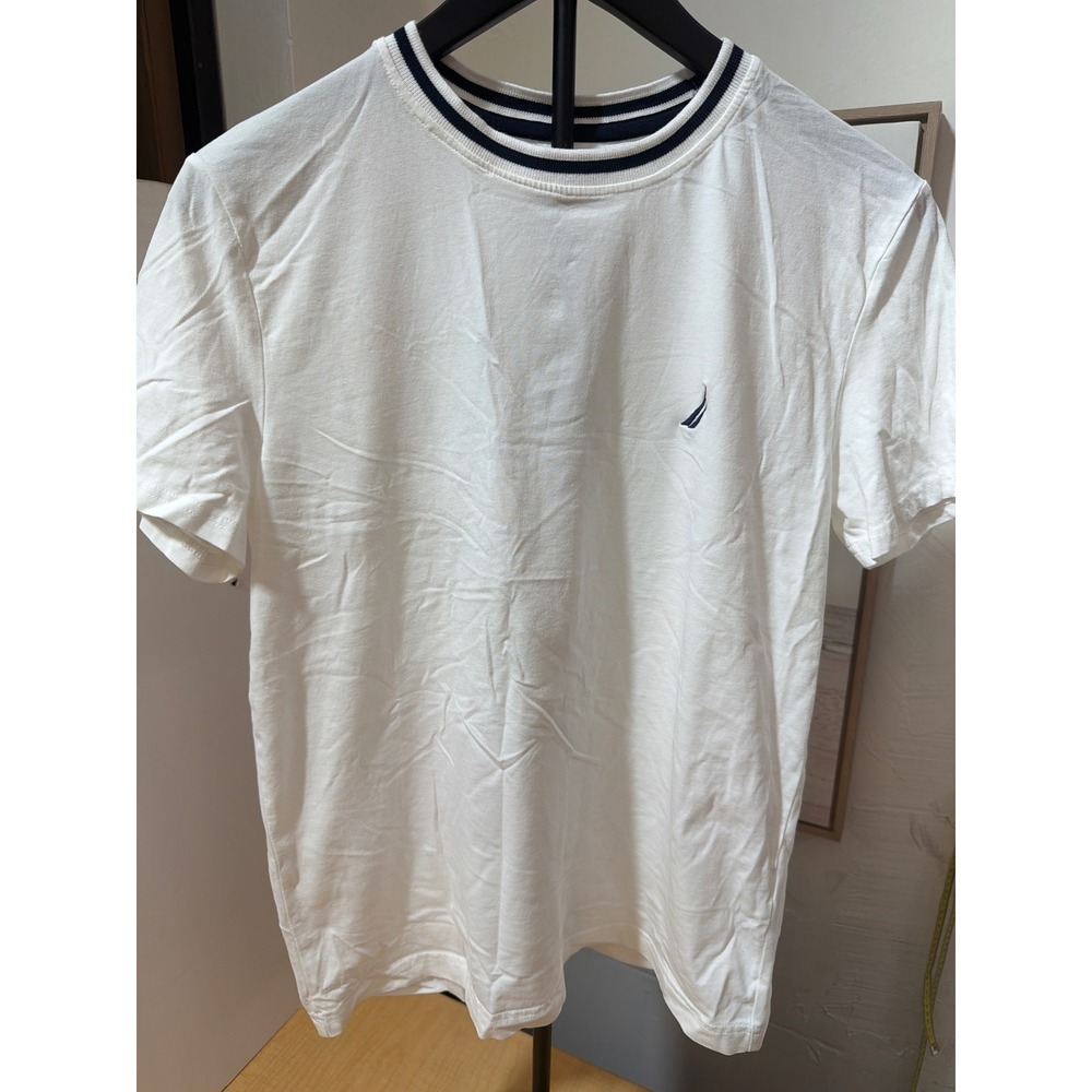 Nautica Performance Tee Mens Small White Navy Ringer Crewneck Short Sleeve Shirt